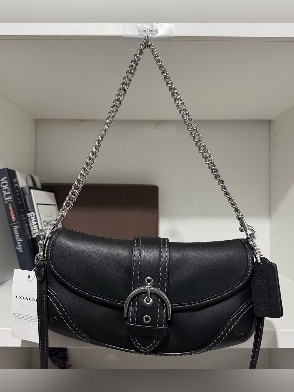 Coach Black Leather Shoulder Bag with Silver Chain